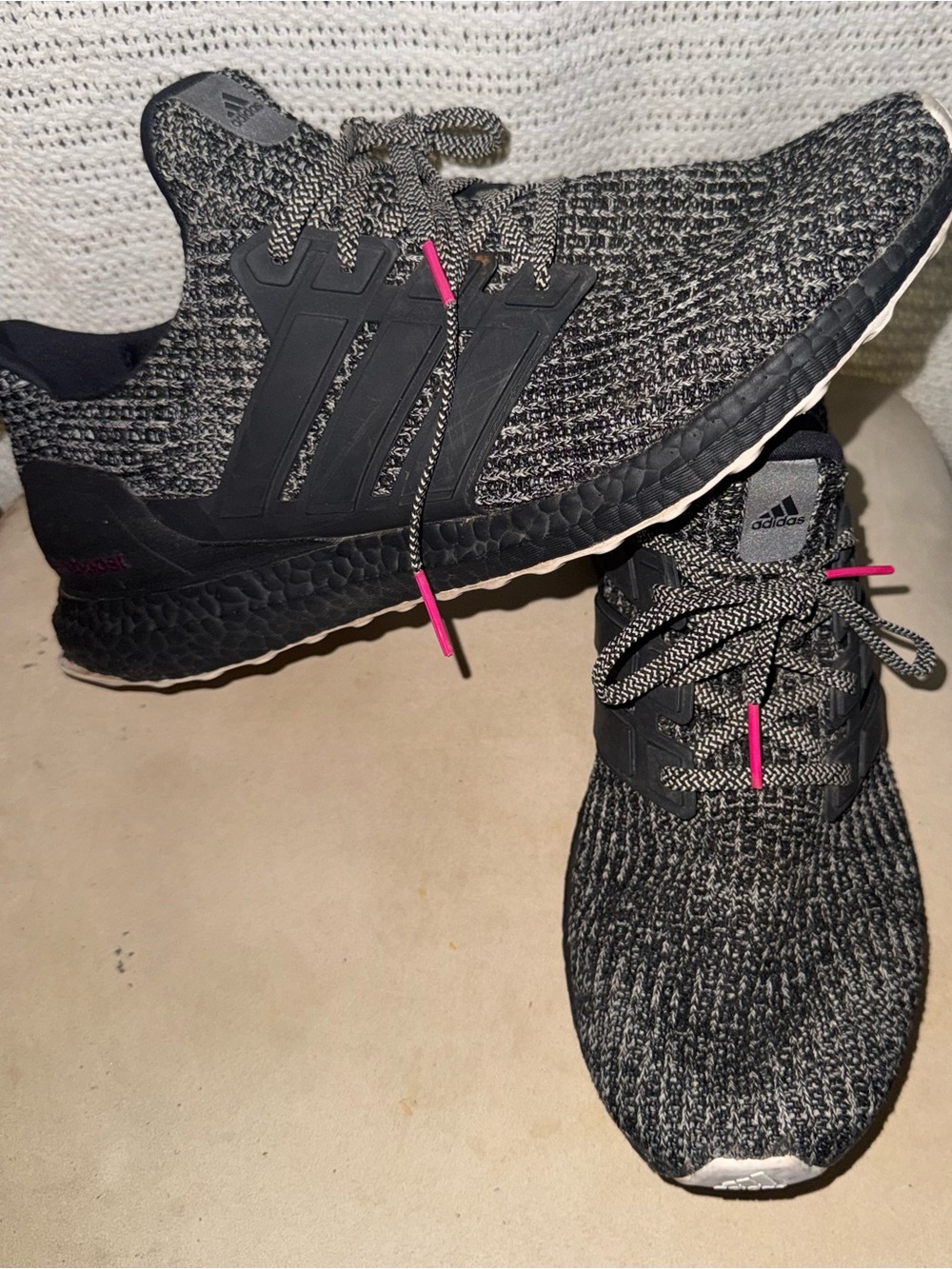 adidas Black and Grey Knit Running Shoes with Pink Lace Tips